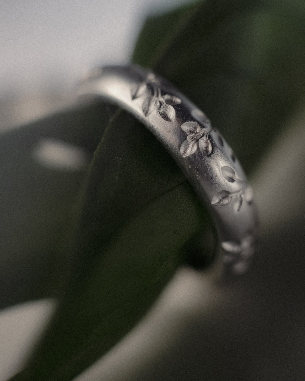 Olive Engraved Silver D Shape Ring